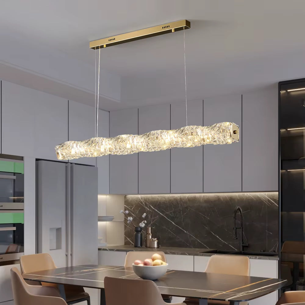 Gold crystal linear LED pendant light for dining table or bar