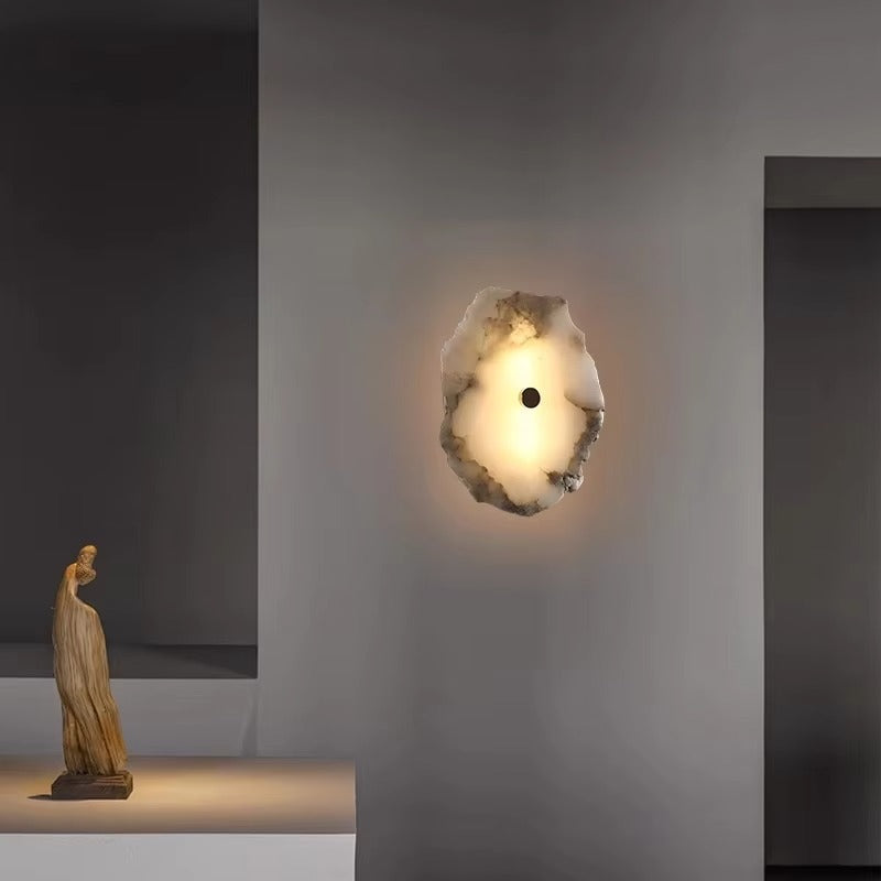 Luxury marble wall lamp with copper base and warm LED light for bedroom and living room