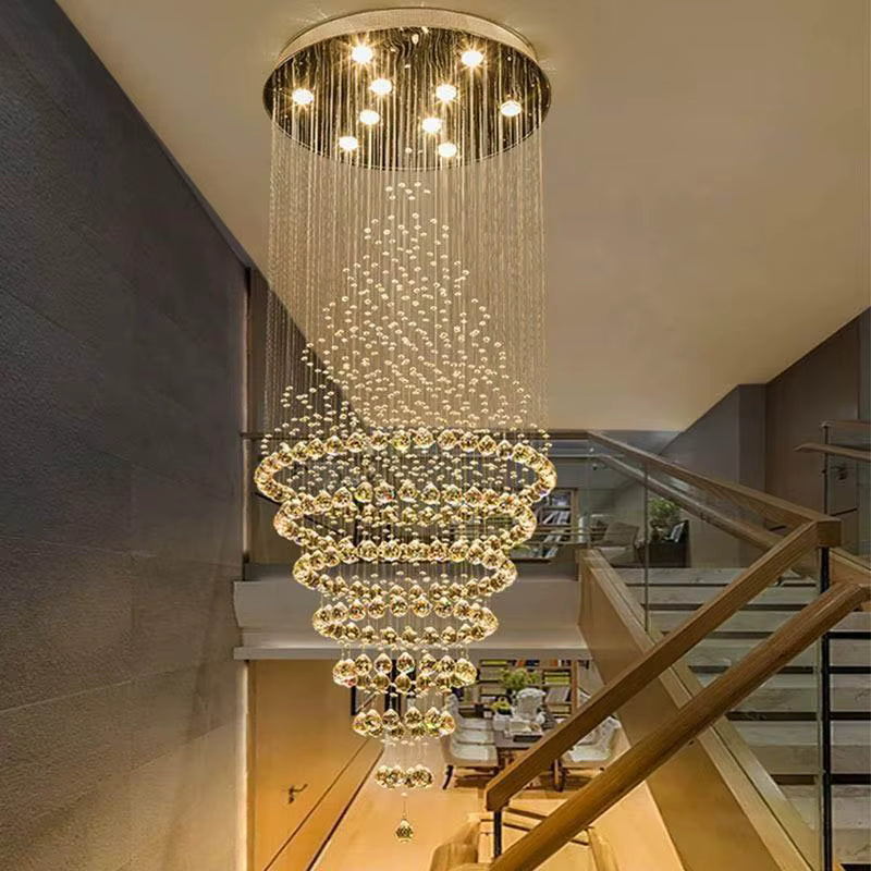 Crystal cascade staircase chandelier for high ceilings