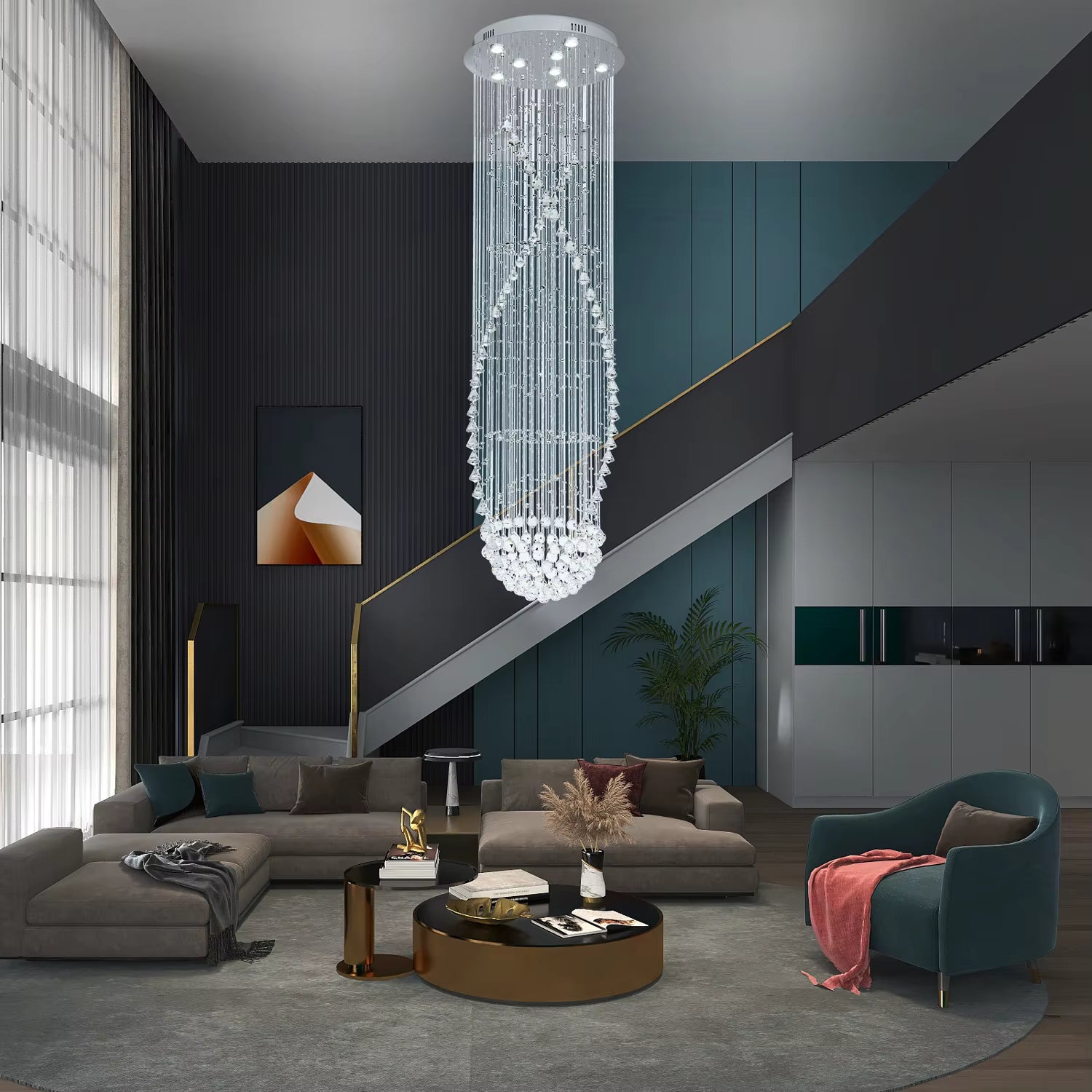 Luxury crystal spiral chandelier for high ceilings