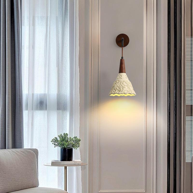 Retro walnut and resin wall lamp with warm LED light for living room and hallway