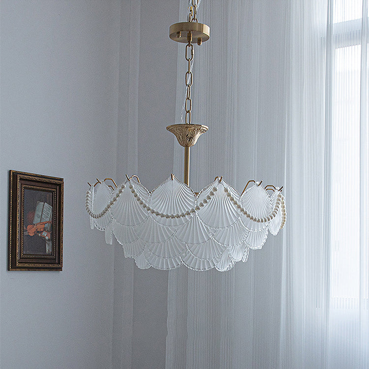 Glass shell chandelier pendant light modern LED hanging lamp with golden finish