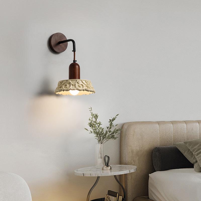 Retro walnut and resin wall lamp with warm LED light for bedroom and living room