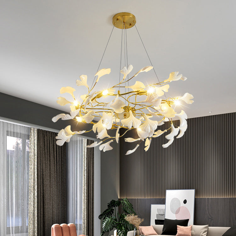 Gold leaf chandelier modern pendant lamp with adjustable height for dining room