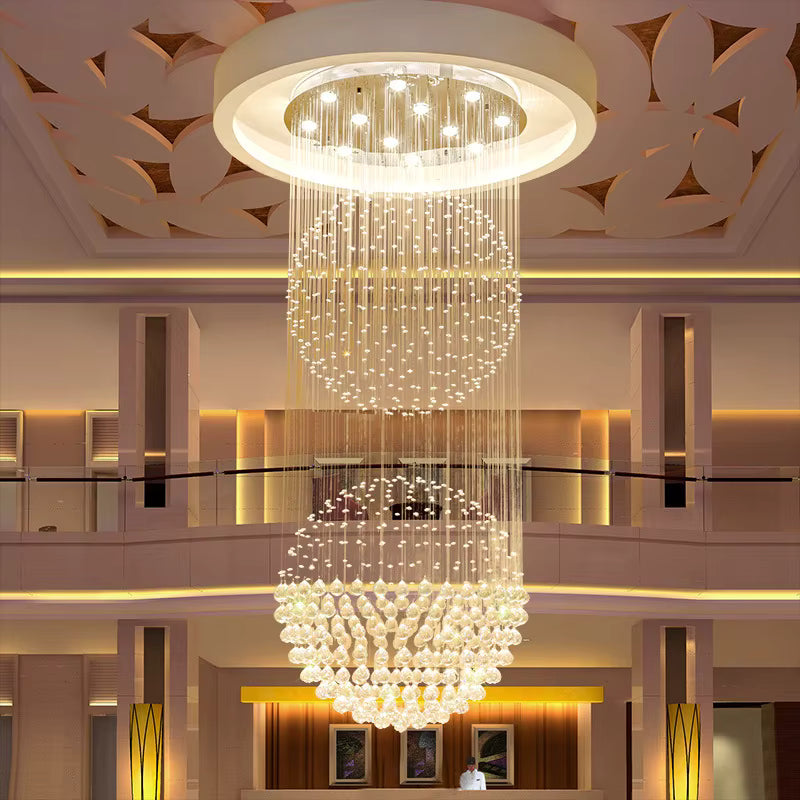 Crystal double-sphere staircase chandelier for high ceilings