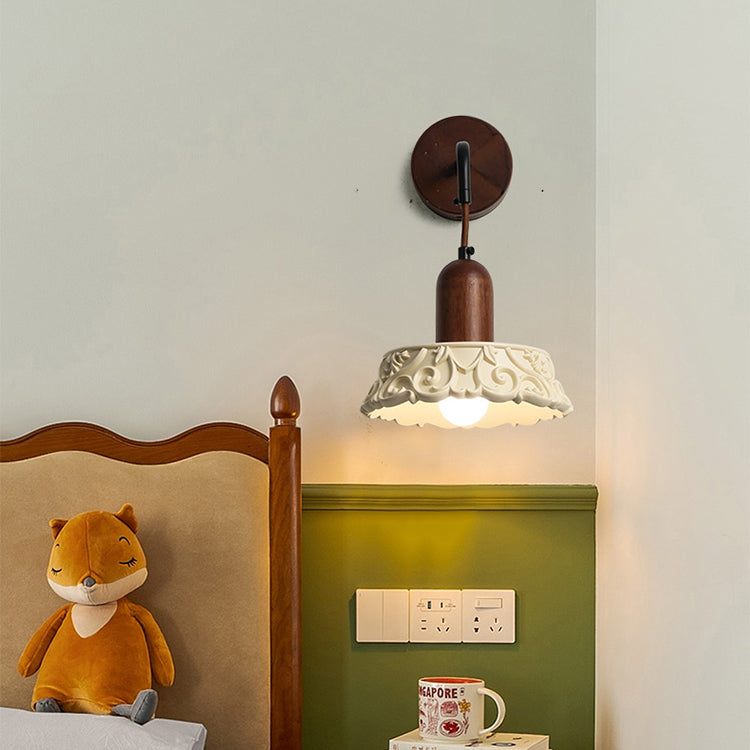 Retro walnut and resin wall lamp with warm LED light for bedroom and living room