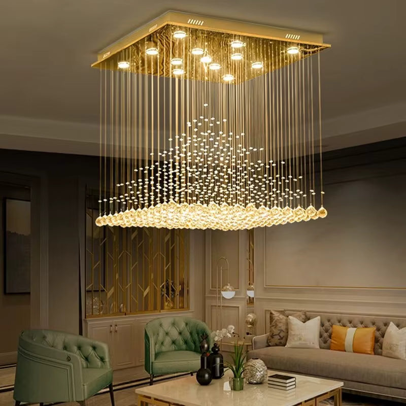 Crystal square pyramid chandelier for high ceilings