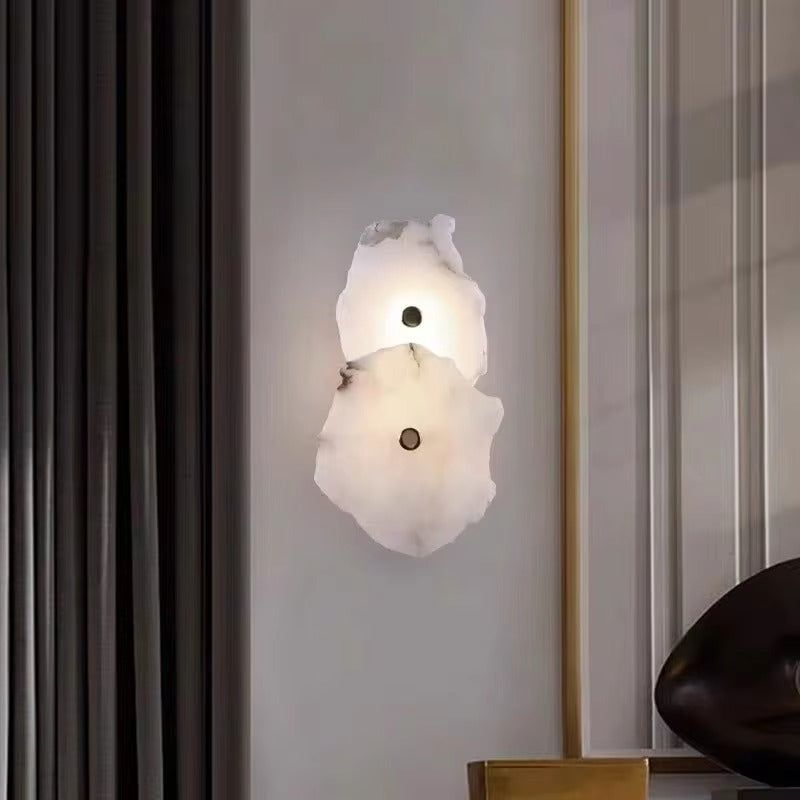 Luxury marble wall lamp with copper base and warm LED light for bedroom and living room