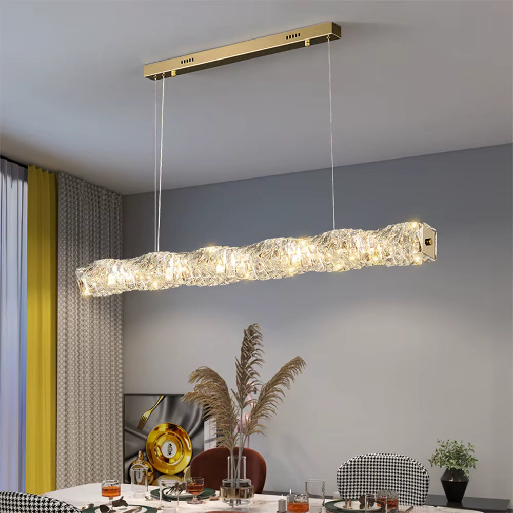 Gold crystal linear LED pendant light for dining table or bar