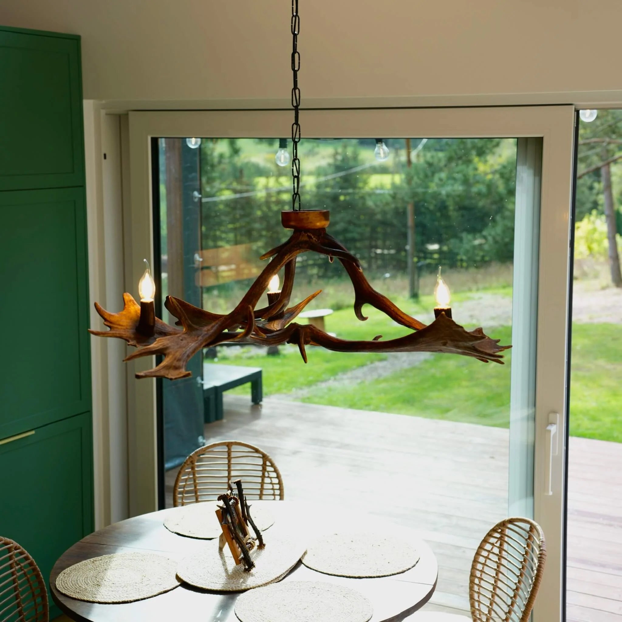 Real low ceiling antler chandelier with antler sockets