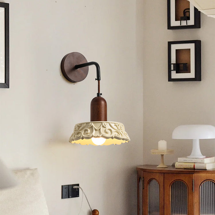 Retro walnut and resin wall lamp with warm LED light for bedroom and living room