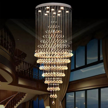 Crystal cascade staircase chandelier for high ceilings