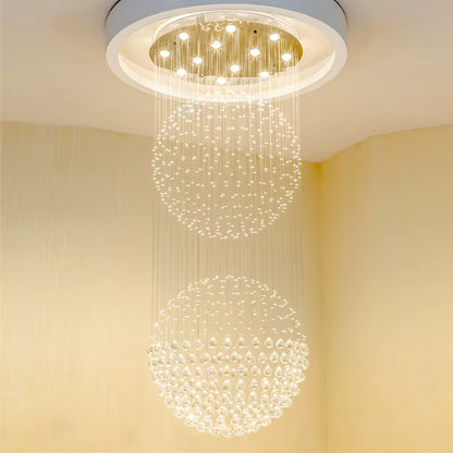 Crystal double-sphere staircase chandelier for high ceilings