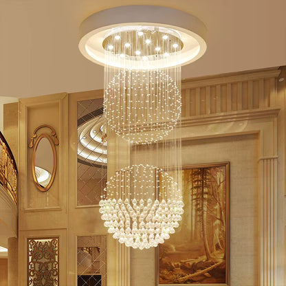 Crystal double-sphere staircase chandelier for high ceilings