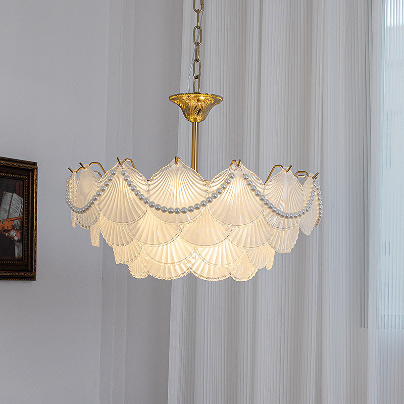 Glass shell chandelier pendant light modern LED hanging lamp with golden finish