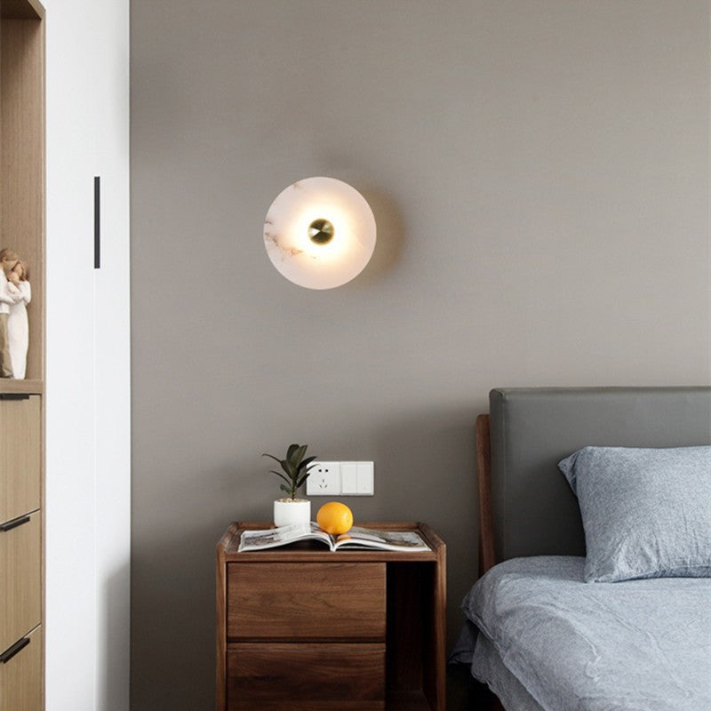 Minimalist round marble wall lamp with LED light for bedroom and living room