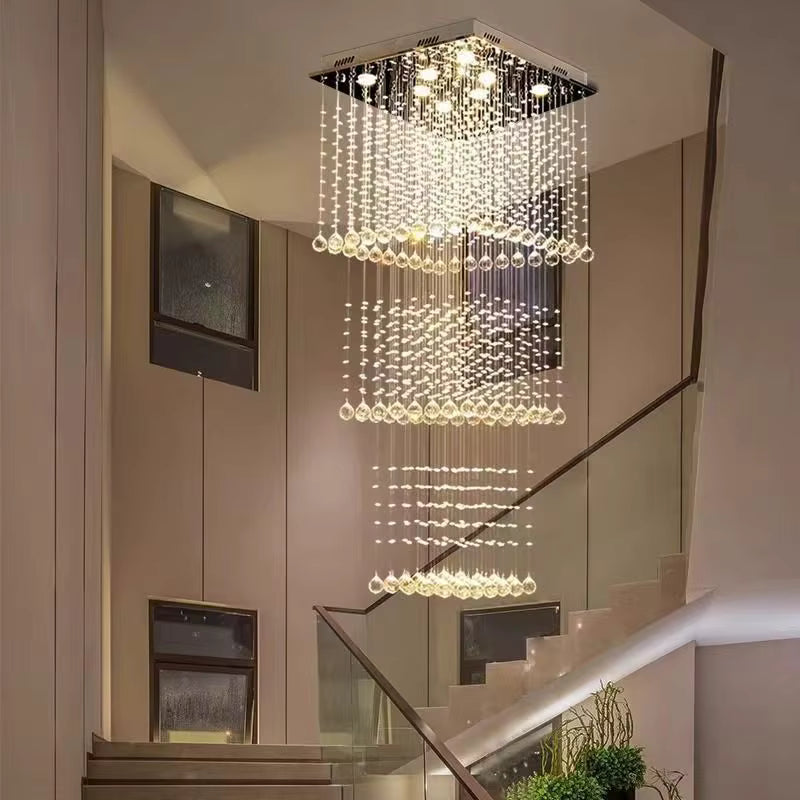 Modern square crystal staircase chandelier for living rooms