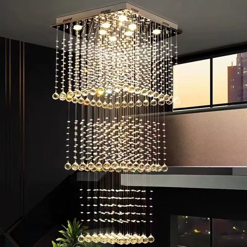Modern square crystal staircase chandelier for living rooms