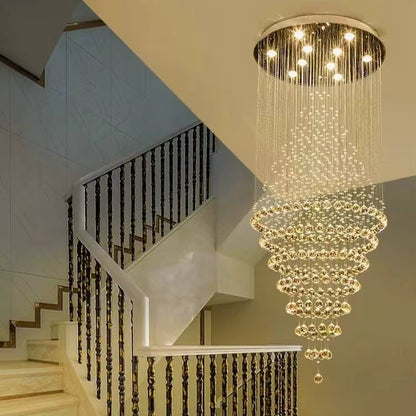 Crystal cascade staircase chandelier for high ceilings