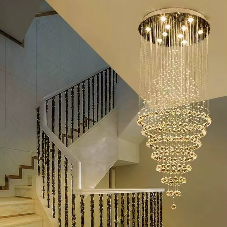 Crystal cascade staircase chandelier for high ceilings