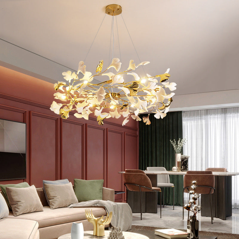 Gold leaf chandelier modern pendant lamp with adjustable height for dining room