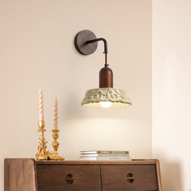 Retro walnut and resin wall lamp with warm LED light for bedroom and living room