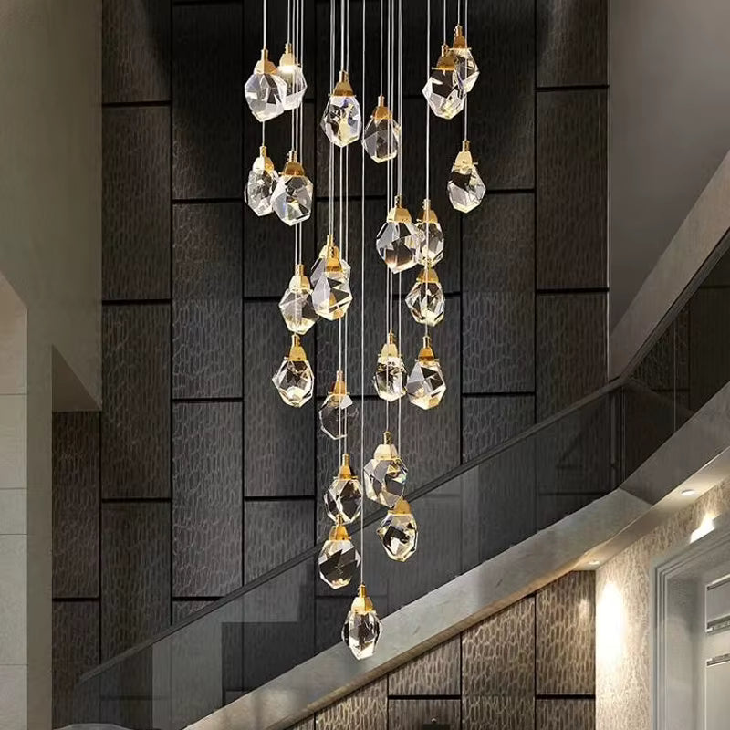 Art-deco crystal pendant chandelier for staircase and hotel interiors
