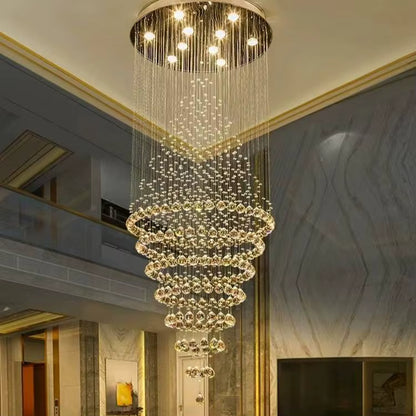 Crystal cascade staircase chandelier for high ceilings