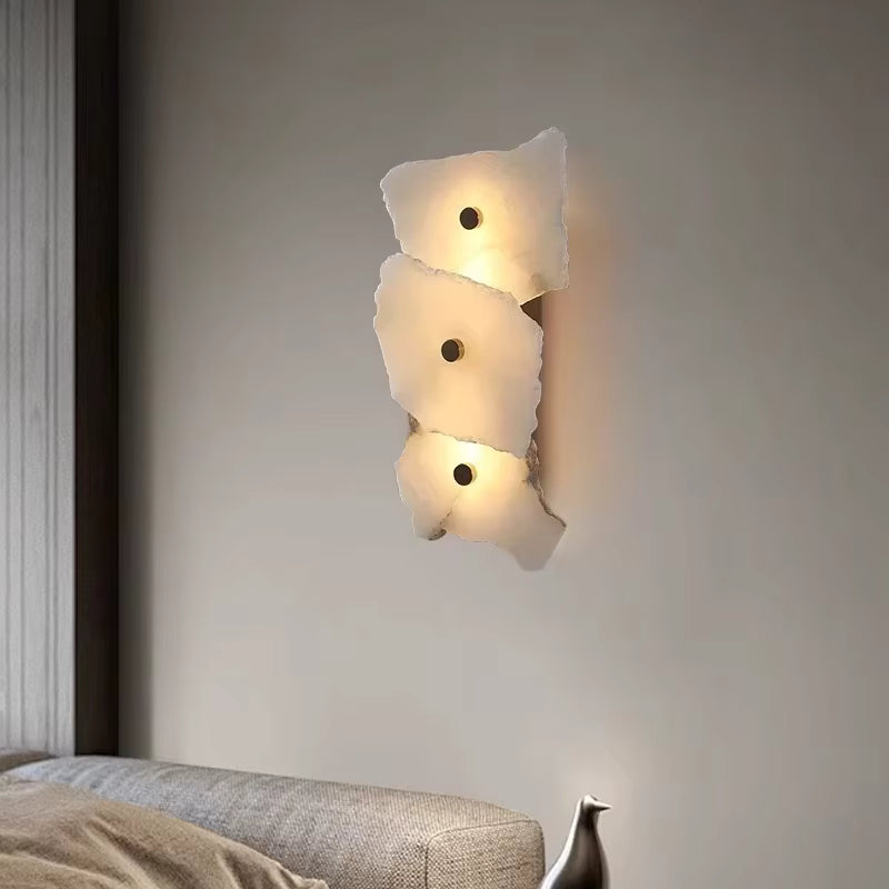 Luxury marble wall lamp with copper base and warm LED light for bedroom and living room