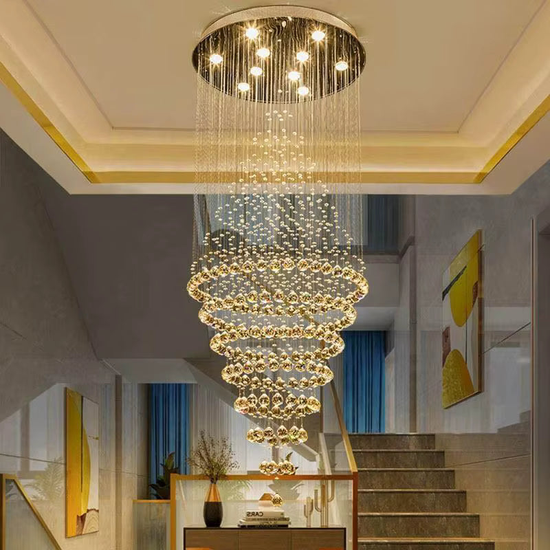 Crystal cascade staircase chandelier for high ceilings