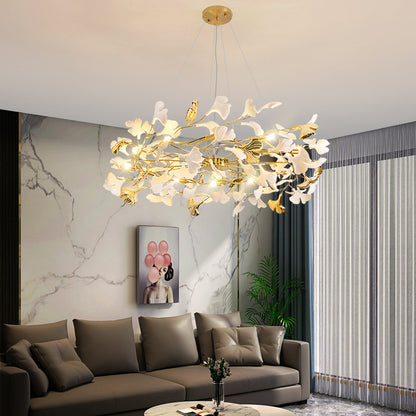 Gold leaf chandelier modern pendant lamp with adjustable height for dining room