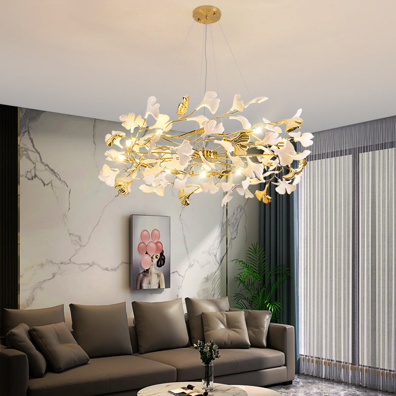 Gold leaf chandelier modern pendant lamp with adjustable height for dining room