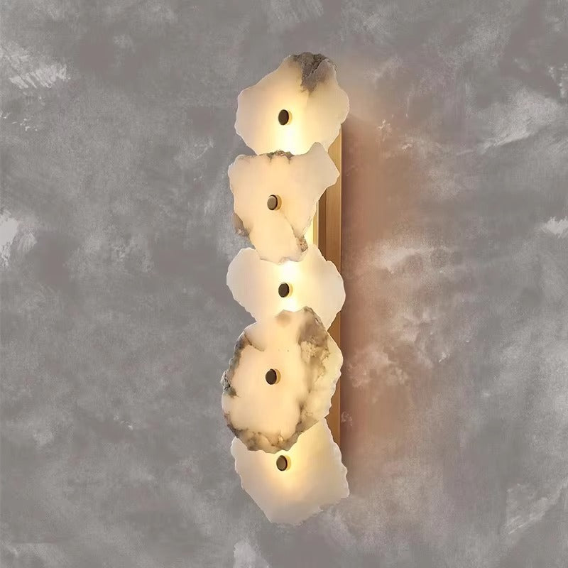 Luxury marble wall lamp with copper base and warm LED light for bedroom and living room