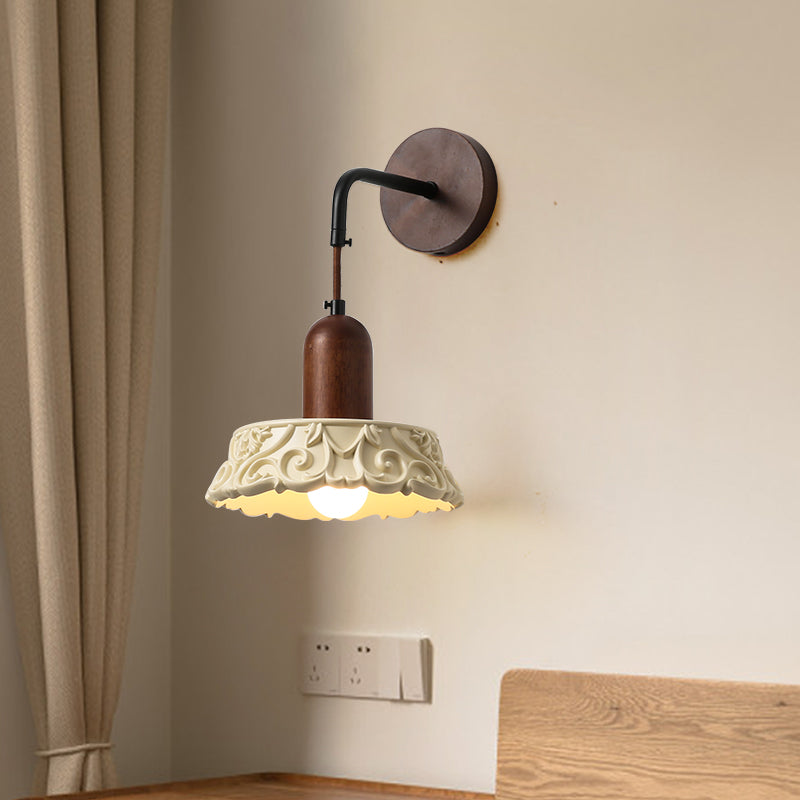 Retro walnut and resin wall lamp with warm LED light for bedroom and living room